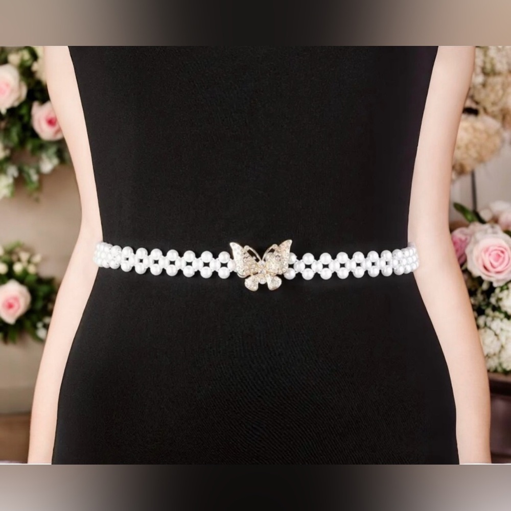 Gold Plated Butterfly Buckle Faux Pearl Belt Rhinestone Decor White Elastic Wais